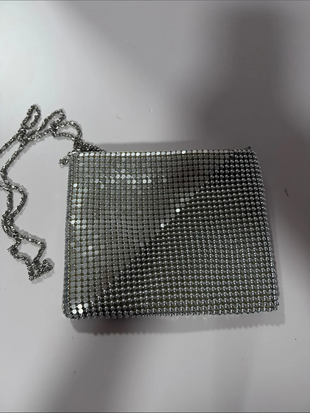 Silver Crystal Mesh Evening Clutch with Chain